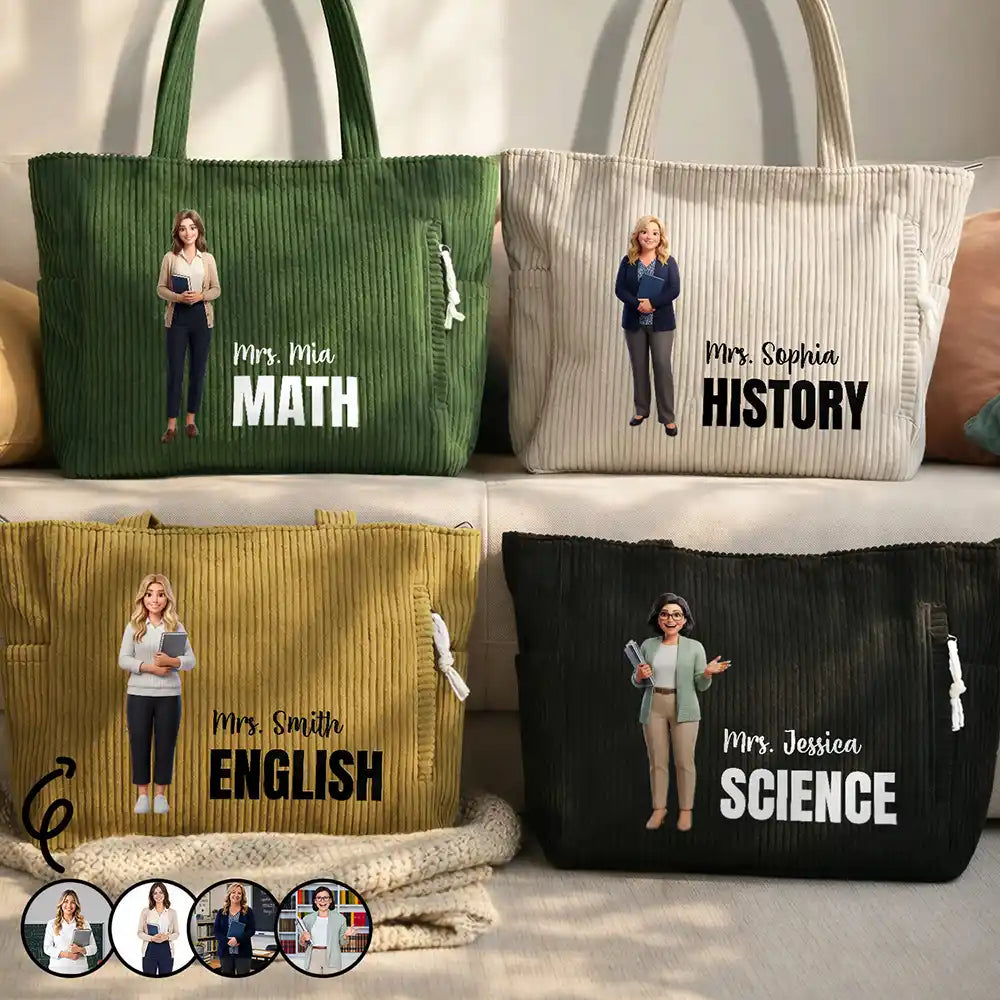 Custom Photo Cartoon Portrait Proud To Be A Teacher - Personalized Corduroy Tote Bag
