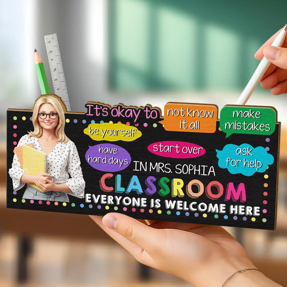 Art Design,Teacher,Inspirational,Back To School,Photo - Cartoon Portrait - Custom Photo Cartoon Portrait Teacher Everyone Is Welcome Here - Personalized Wooden Pen Pencil Holder