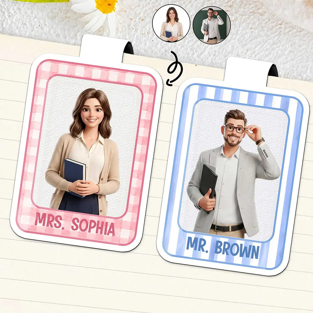 Custom Photo Cartoon Portrait Teacher Striped Pattern - Personalized Custom Shaped Magnetic Bookmark Clip