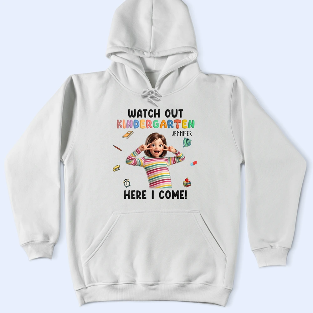 Back To School, Custom Photo, Art Design, Parents, Adorable, Photo - Cartoon Portrait - Custom Photo Cartoon Portrait Watch Out Kindergarten Here I Come - Personalized T Shirt