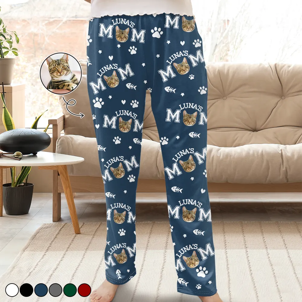 Cat Mom,Cat Lovers,Non-Eng - Custom Photo Cat Mom With Paw And Fish Pattern - Personalized Pajama Pants