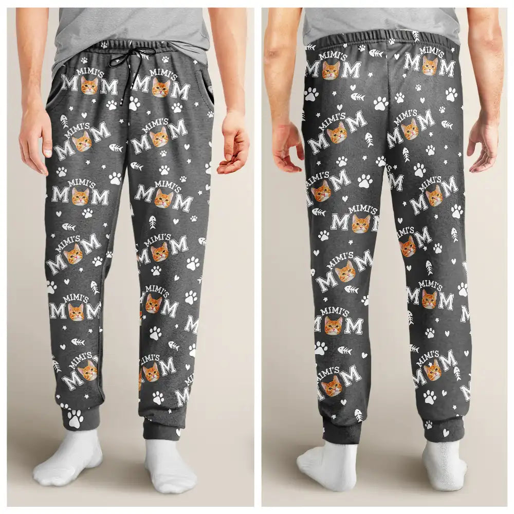 Cat Mom,Cat Lovers,Non-Eng - Custom Photo Cat Mom With Paw And Fish Pattern - Personalized Pajama Pants