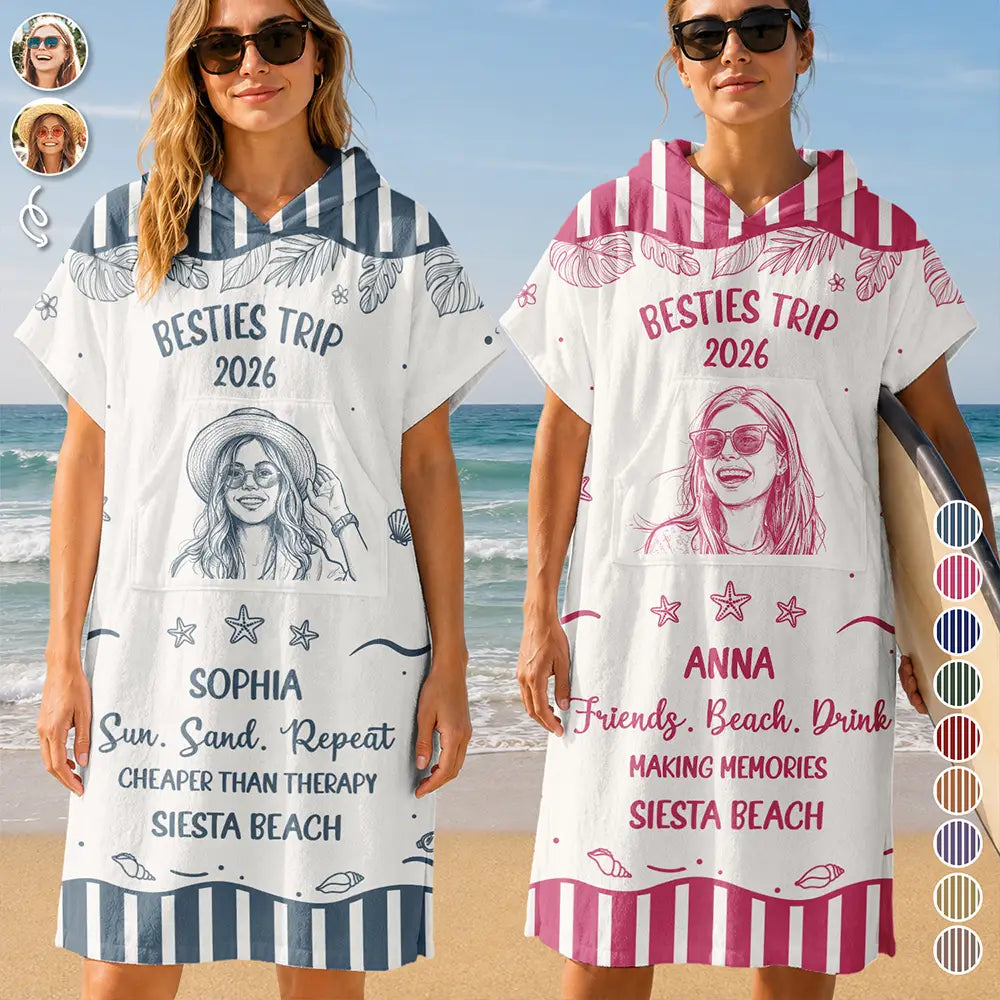 Custom Photo, Beach, Art Design, Summer, Gift For Bestie, Humorous, Photo - Pencil Sketch - Bold - Custom Photo Cheaper Than Therapy Besties Trip Pencil Sketch - Personalized Hooded Poncho Towel