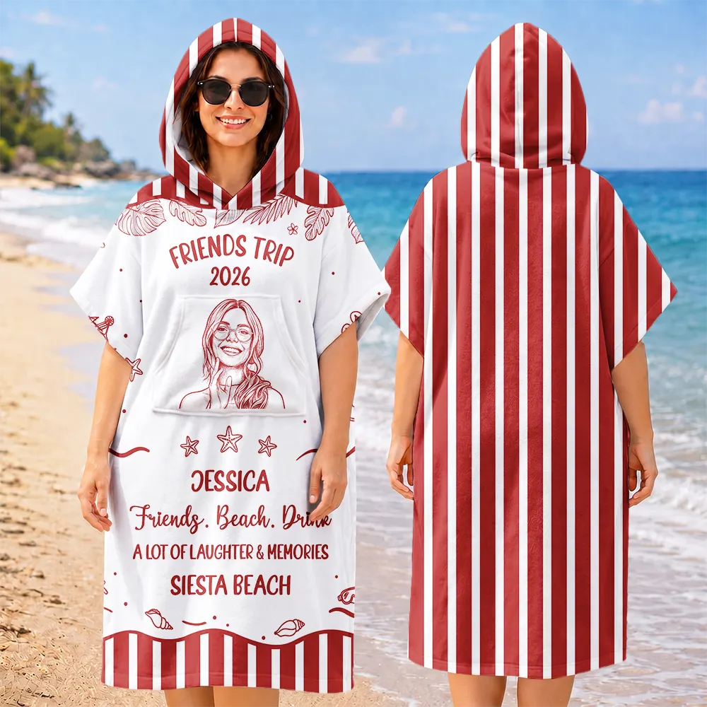 Custom Photo, Beach, Art Design, Summer, Gift For Bestie, Humorous, Photo - Pencil Sketch - Bold - Custom Photo Cheaper Than Therapy Besties Trip Pencil Sketch - Personalized Hooded Poncho Towel