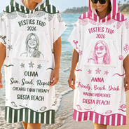 Custom Photo, Beach, Art Design, Summer, Gift For Bestie, Humorous, Photo - Pencil Sketch - Bold - Custom Photo Cheaper Than Therapy Besties Trip Pencil Sketch - Personalized Hooded Poncho Towel