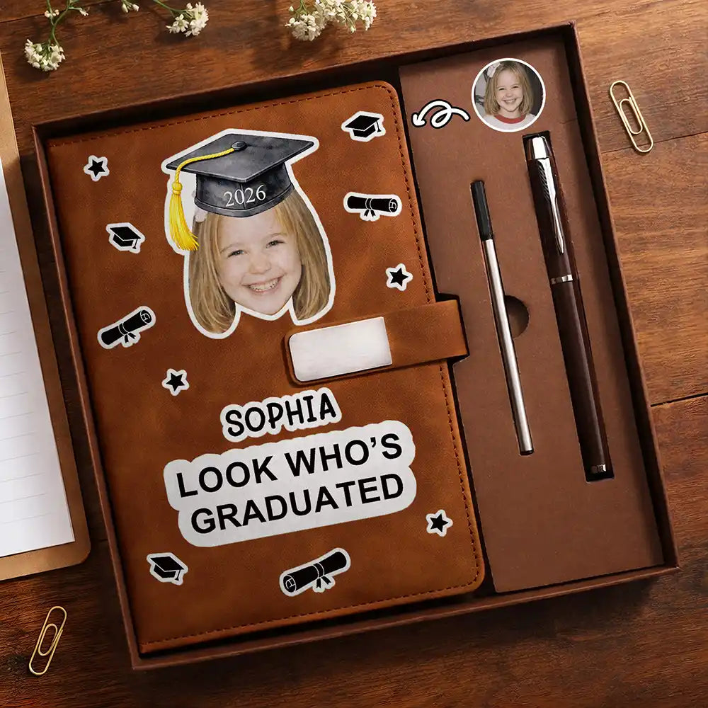 Custom Photo Childhood Look Who's Graduated - Personalized Leather Notebook Set