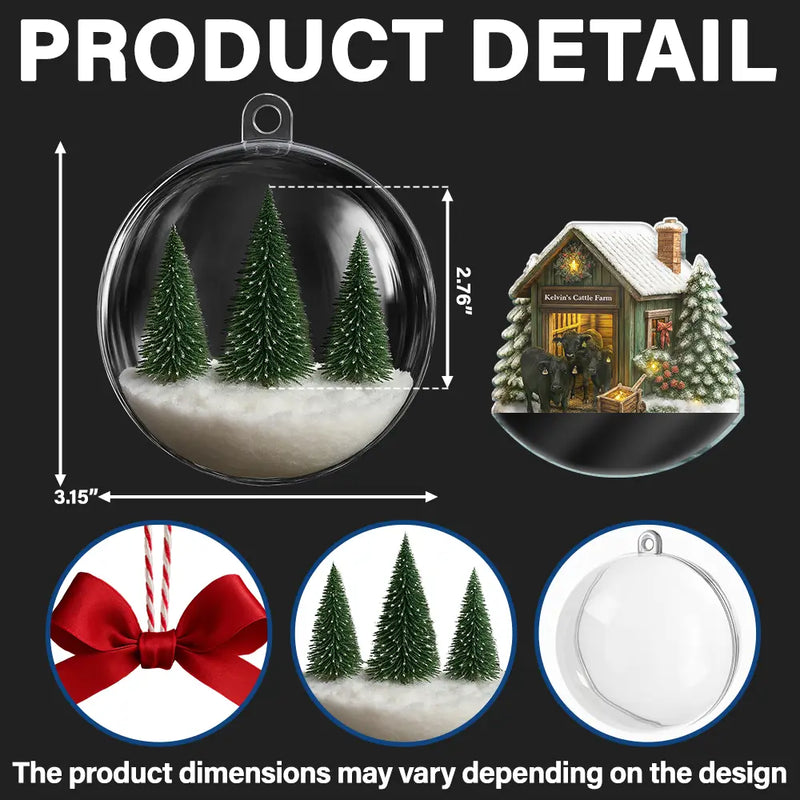 Custom Photo,Happy,Christmas,Farm - Christmas Barn Cattle Farm - Personalized 3D Acrylic Ball Ornament