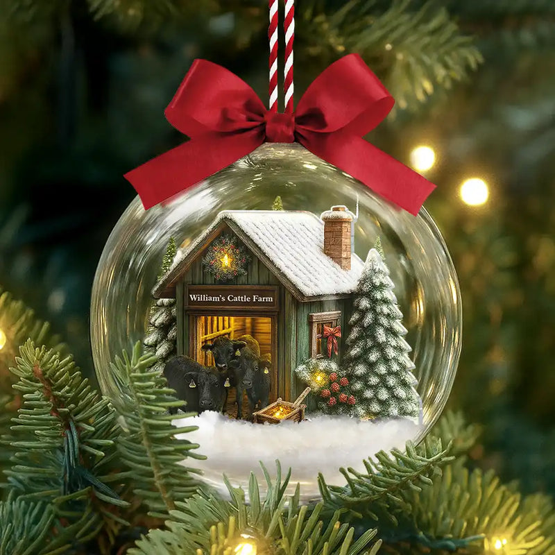 Custom Photo,Happy,Christmas,Farm - Christmas Barn Cattle Farm - Personalized 3D Acrylic Ball Ornament