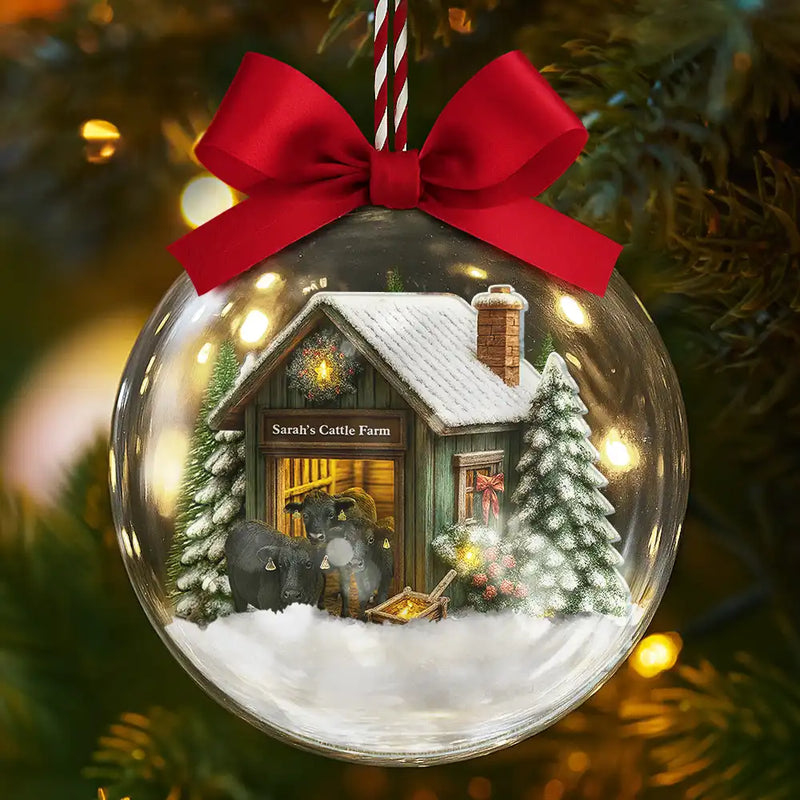 Custom Photo,Happy,Christmas,Farm - Christmas Barn Cattle Farm - Personalized 3D Acrylic Ball Ornament