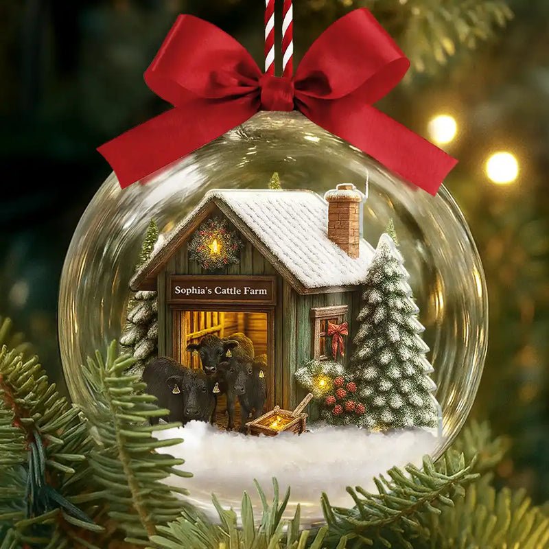 Custom Photo,Happy,Christmas,Farm - Christmas Barn Cattle Farm - Personalized 3D Acrylic Ball Ornament