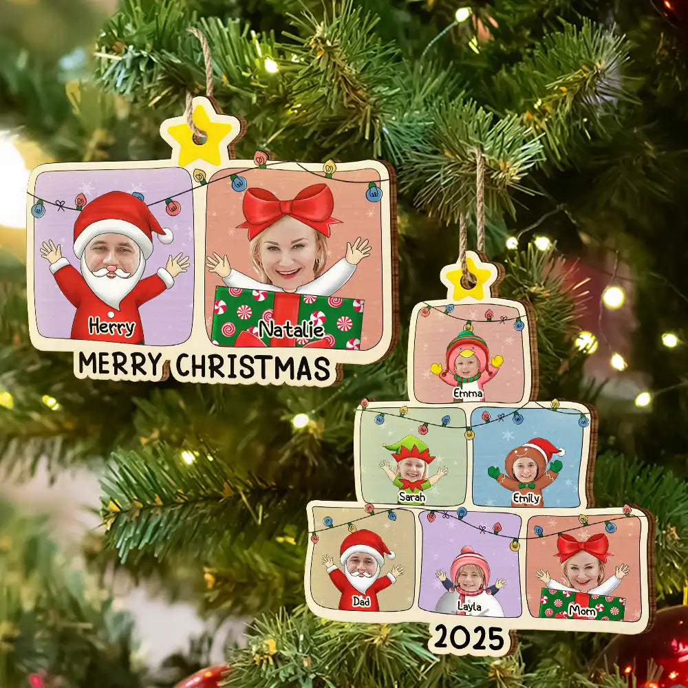 Christmas, Family, Happy, Parents, Gift For Grandparents - Custom Photo Christmas Character Cartoon Comic - Personalized Custom Shaped Wooden Ornament