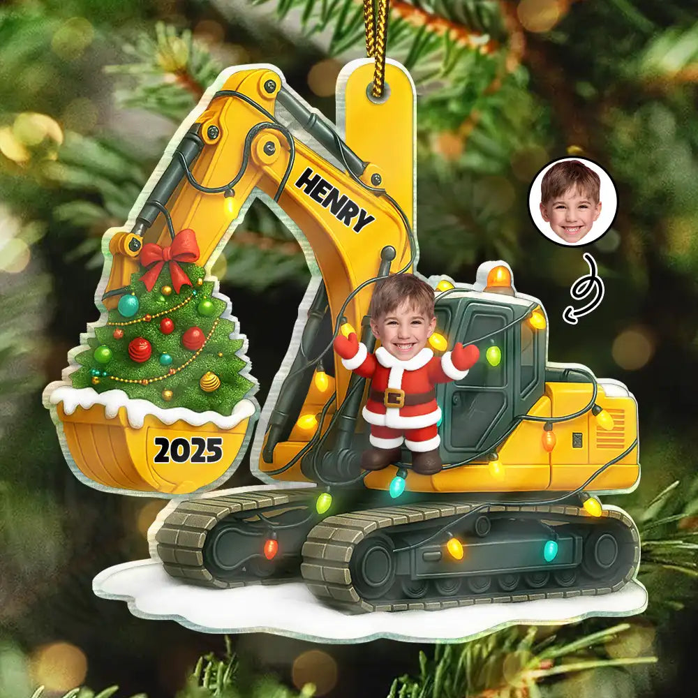 Custom Photo,Christmas,Happy,Gift For Kids - Custom Photo Christmas Excavator Construction - Personalized Custom Shaped Acrylic Ornament