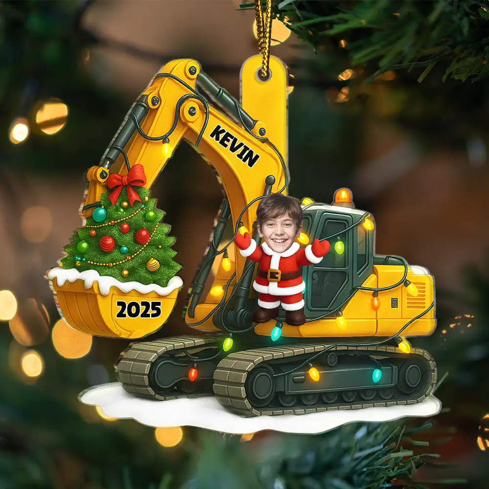 Custom Photo,Christmas,Happy,Gift For Kids - Custom Photo Christmas Excavator Construction - Personalized Custom Shaped Acrylic Ornament