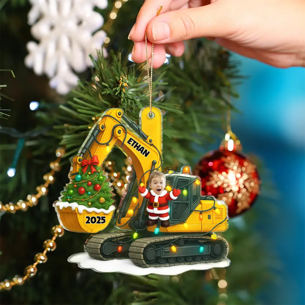 Custom Photo,Christmas,Happy,Gift For Kids - Custom Photo Christmas Excavator Construction - Personalized Custom Shaped Acrylic Ornament