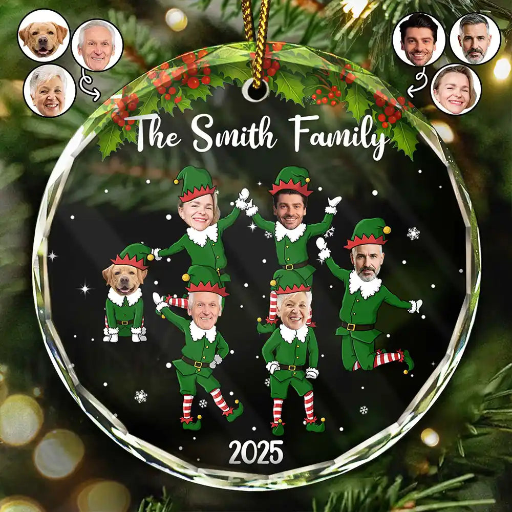 Custom Photo Christmas Family Elves - Personalized Circle Glass Ornament