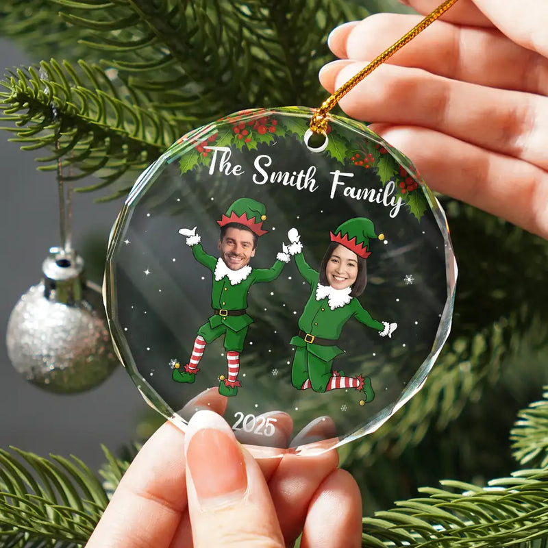 Funny, Family, Gift For Sibling, Parents, Gift For Grandparents - Custom Photo Christmas Family Elves - Personalized Circle Glass Ornament