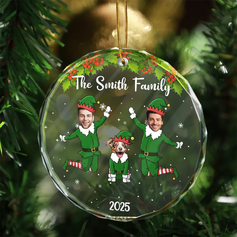 Funny, Family, Gift For Sibling, Parents, Gift For Grandparents - Custom Photo Christmas Family Elves - Personalized Circle Glass Ornament