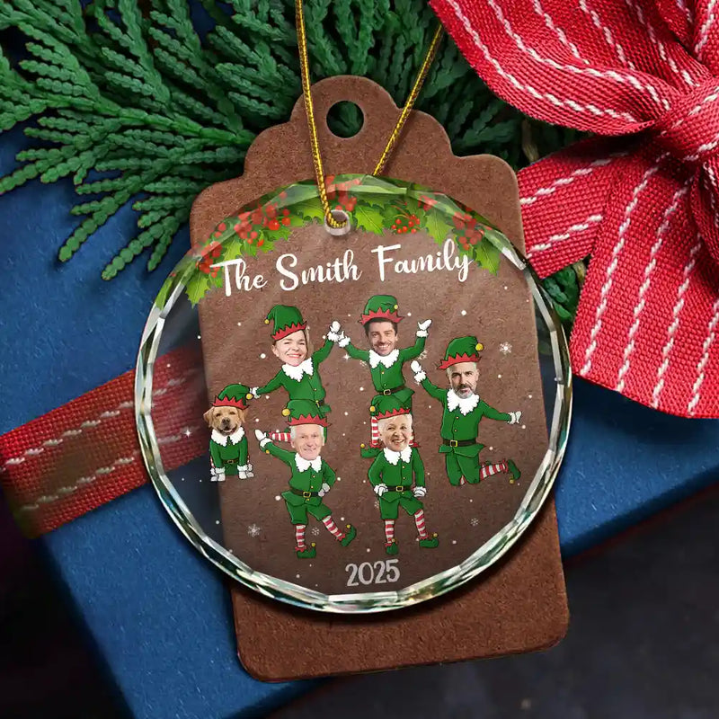 Funny, Family, Gift For Sibling, Parents, Gift For Grandparents - Custom Photo Christmas Family Elves - Personalized Circle Glass Ornament
