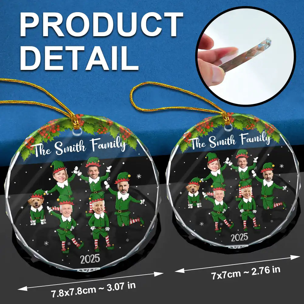 Funny, Family, Gift For Sibling, Parents, Gift For Grandparents - Custom Photo Christmas Family Elves - Personalized Circle Glass Ornament