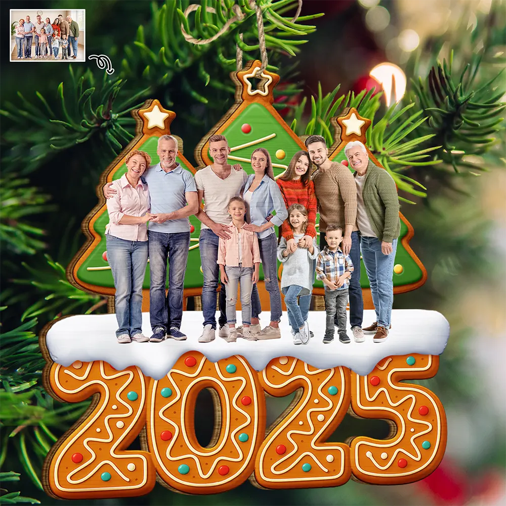 Custom Photo Christmas Family Gingerbread 3D Effect - Personalized Custom Shaped Wooden Ornament