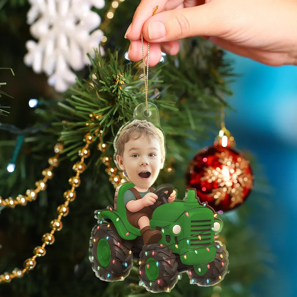 Gift For Kids, Gift For Grandkids, Photo Hobby Ornament, Custom Photo, Funny, Christmas - Custom Photo Christmas Kid Driving Tractor - Personalized Acrylic Photo Ornament