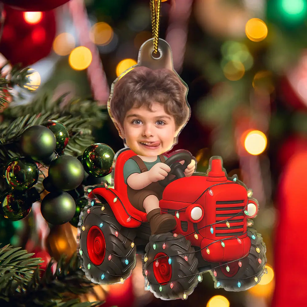 Gift For Kids, Gift For Grandkids, Photo Hobby Ornament, Custom Photo, Funny, Christmas - Custom Photo Christmas Kid Driving Tractor - Personalized Acrylic Photo Ornament