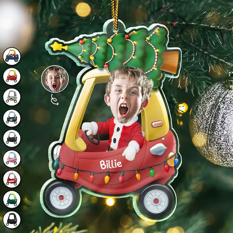Funny, Christmas, Custom Photo, Gift For Kids - Custom Photo Christmas Kid In Car - Personalized Custom Shaped Acrylic Ornament