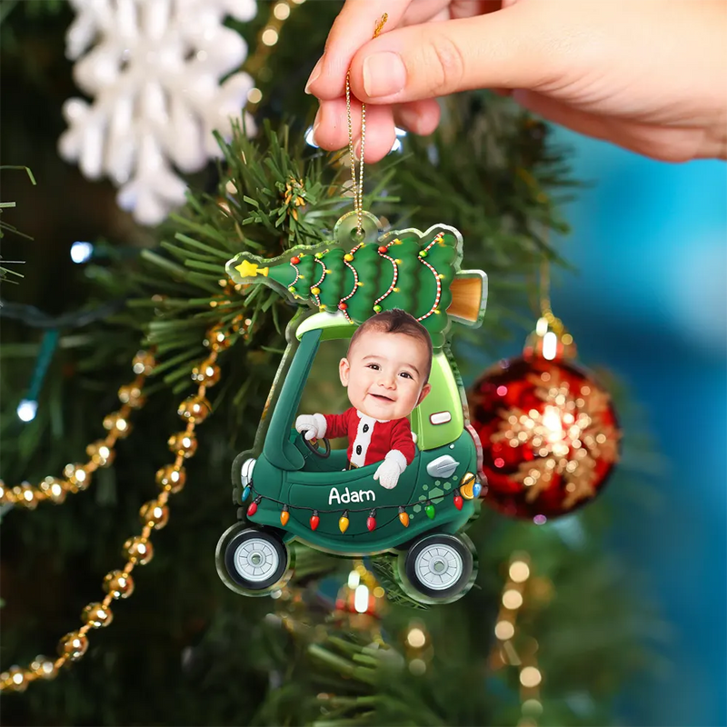 Funny, Christmas, Custom Photo, Gift For Kids - Custom Photo Christmas Kid In Car - Personalized Custom Shaped Acrylic Ornament