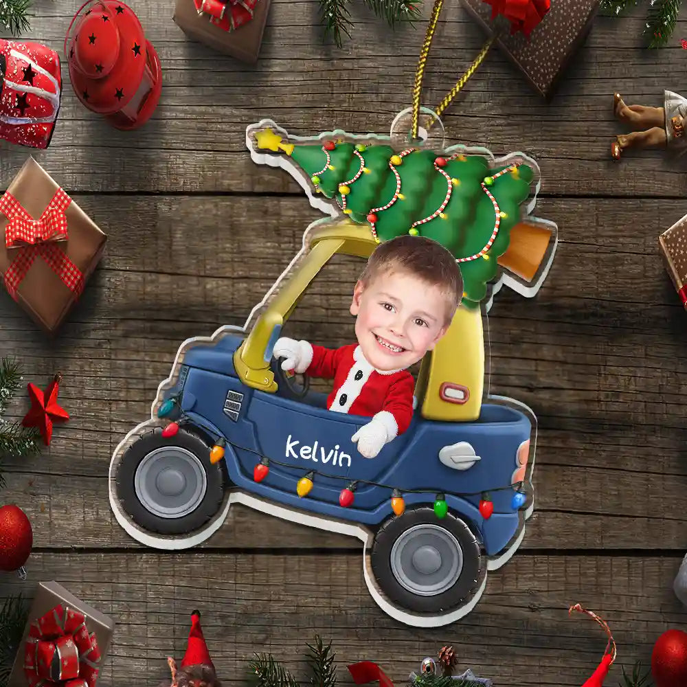 Funny, Christmas, Custom Photo, Gift For Kids - Custom Photo Christmas Kid In Car - Personalized Custom Shaped Acrylic Ornament