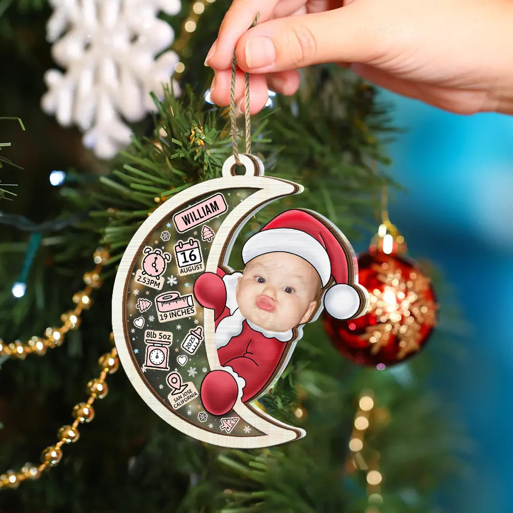 New baby, New Dad, New Mom - Custom Photo Christmas Santa Baby Birth Stats - Personalized 2-Layered Mix Ornament
