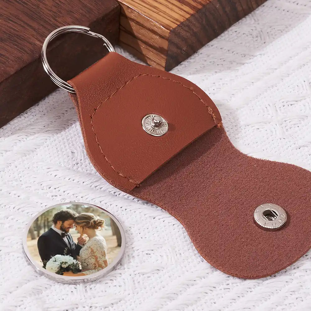Gift For Couples, Love, Happy, Custom Photo - Custom Photo Circle Date Anniversary Reminder - Personalized Leather Pocket Hug