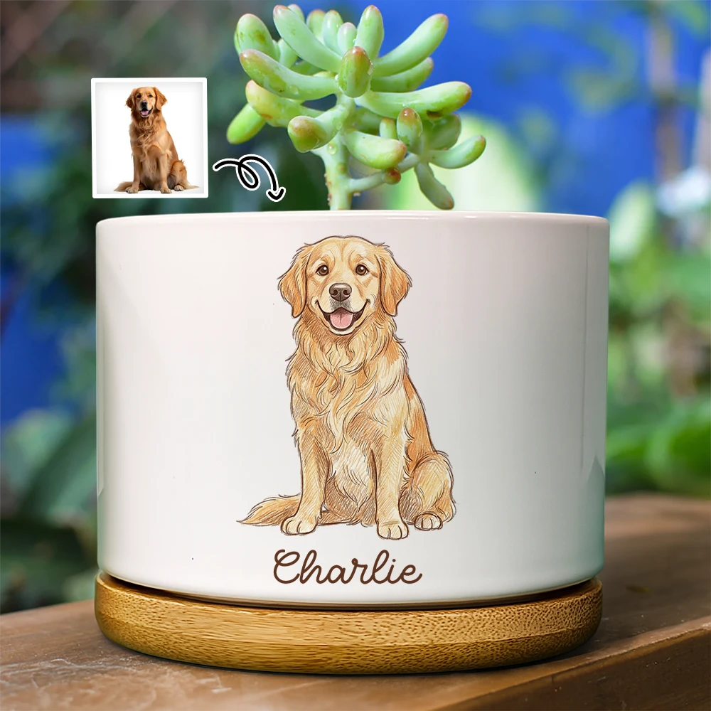 Dog Lovers,Pet Lovers,Cat Lovers,Happy -  Custom Photo Colored Pencil Sketch Funny Dog Cat Pet - Personalized Ceramic Plant Pot