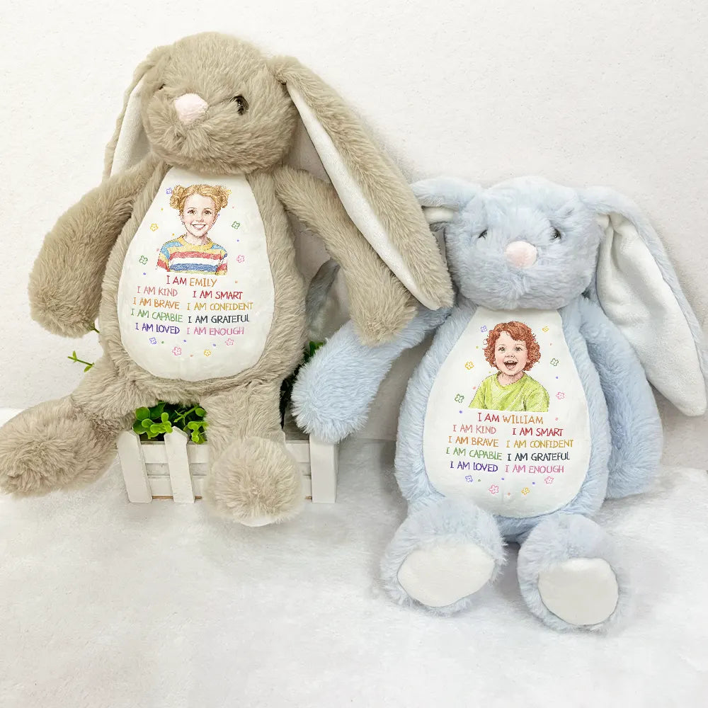 Adorable,Art Design,Back To School,Gift For Kids,Photo - Colored Pencil - Custom Photo Colored Pencil Sketch Kids Affirmation I Am Kind Brave & Smart - Personalized Soft Toy Bunny