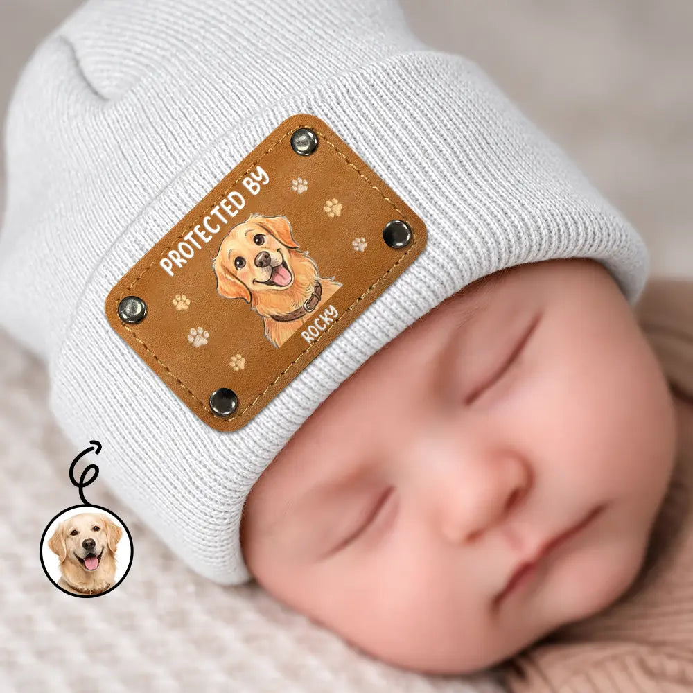 Custom Photo Colored Pencil Sketch New Baby Protected By Pet Gift For New Mom New Dad - Personalized Beanie With Leather Patch