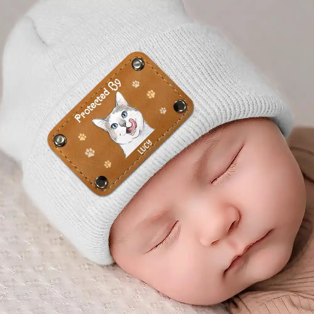 Pet Mom,New Baby,Art Design,Playful,Christmas,Gift For Mother,Pet Lovers,Photo - Colored Pencil - Custom Photo Colored Pencil Sketch New Baby Protected By Pet Gift For New Mom New Dad - Personalized Beanie With Leather Patch