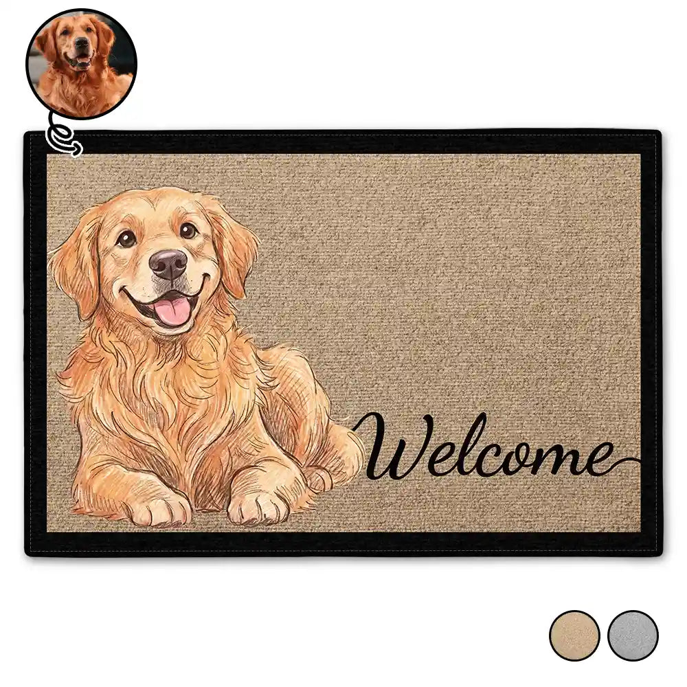 Custom Photo Colored Pencil Sketch Pet Dog Cat Portrait Welcome Home - Personalized Doormat
