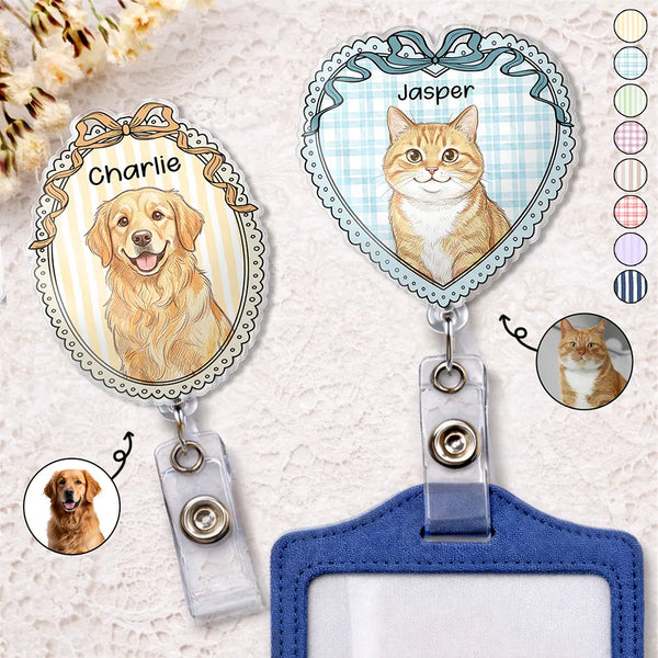 Happy,Dog Lovers,Pet Lovers,Cat Lovers,Nurse - Custom Photo Colored Pencil Sketch Vintage Dog Cat Pet - Personalized Badge Reel