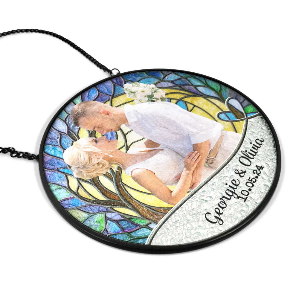 Gift For Couples, Married, Wedding, Engaged, Love - Custom Photo Couple Bride And Groom - Personalized Stained Glass Window Hanging Suncatcher