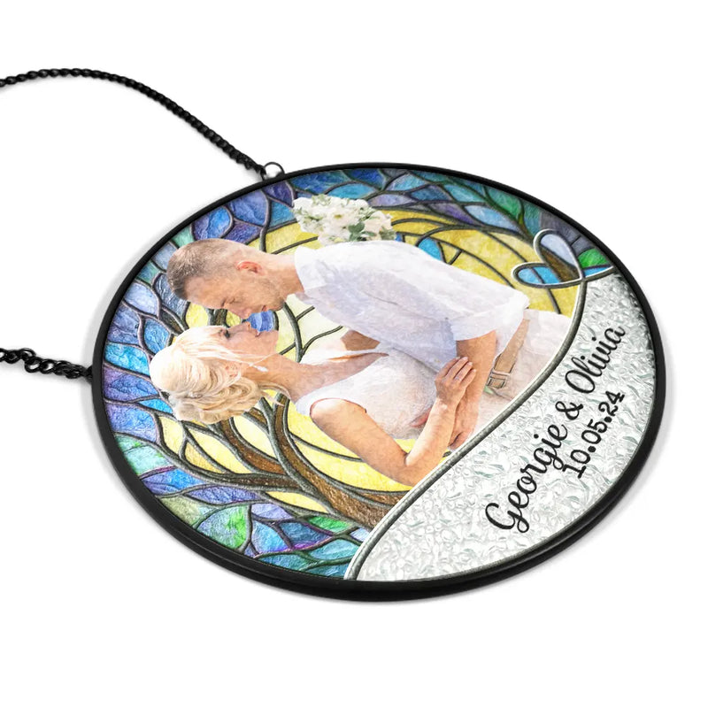 Gift For Couples, Married, Wedding, Engaged, Love - Custom Photo Couple Bride And Groom - Personalized Stained Glass Window Hanging Suncatcher
