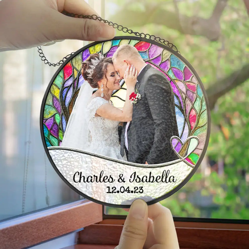Gift For Couples, Married, Wedding, Engaged, Love - Custom Photo Couple Bride And Groom - Personalized Stained Glass Window Hanging Suncatcher