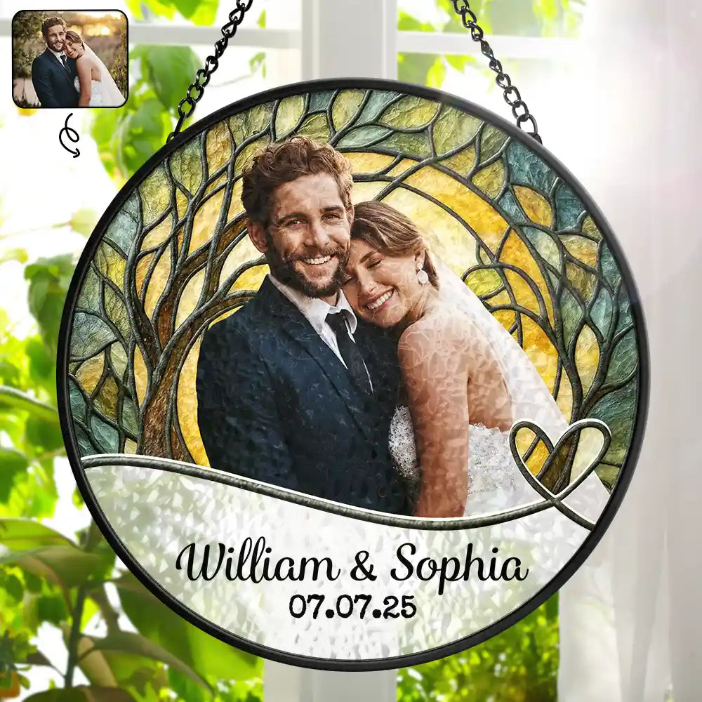 Custom Photo Couple Bride And Groom - Personalized Stained Glass Window Hanging Suncatcher