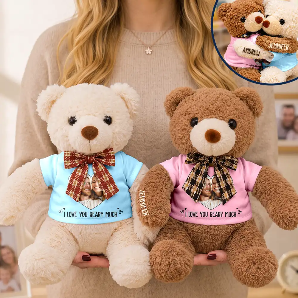 Adorable,Custom Photo,Gift For Couples,Upload Full Photo - Custom Photo Couple I Love You Beary Much - Personalized Hugging Bear