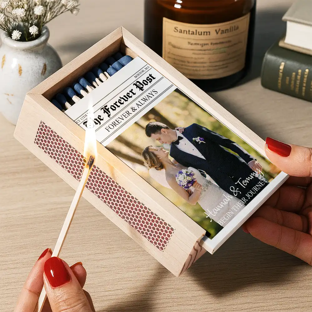 Gift For Couples,Old Couples,Wedding,Wedding Anniversary,Love - Custom Photo Couple Wedding Anniversary - Personalized Wooden Matchbox