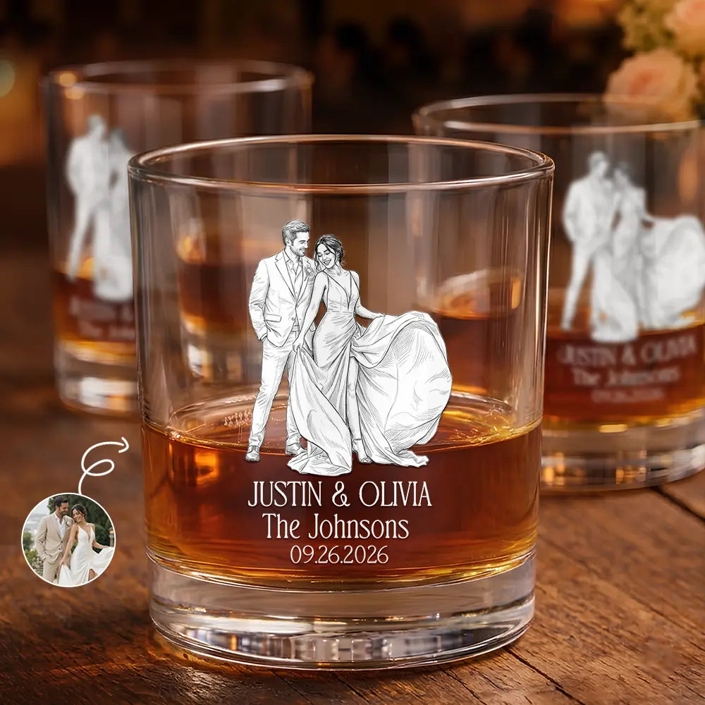 Gift For Couples, Married Couple, Custom Photo, Art Design, Wedding, Romantic, Photo - Pencil Sketch - White BG - Custom Photo Couples Wedding Engaged Bachelor Party - Personalized Whiskey Glass