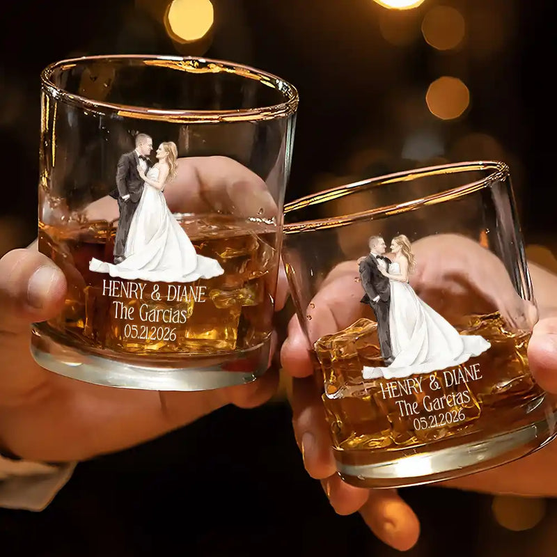 Gift For Couples, Married Couple, Custom Photo, Art Design, Wedding, Romantic, Photo - Pencil Sketch - White BG - Custom Photo Couples Wedding Engaged Bachelor Party - Personalized Whiskey Glass