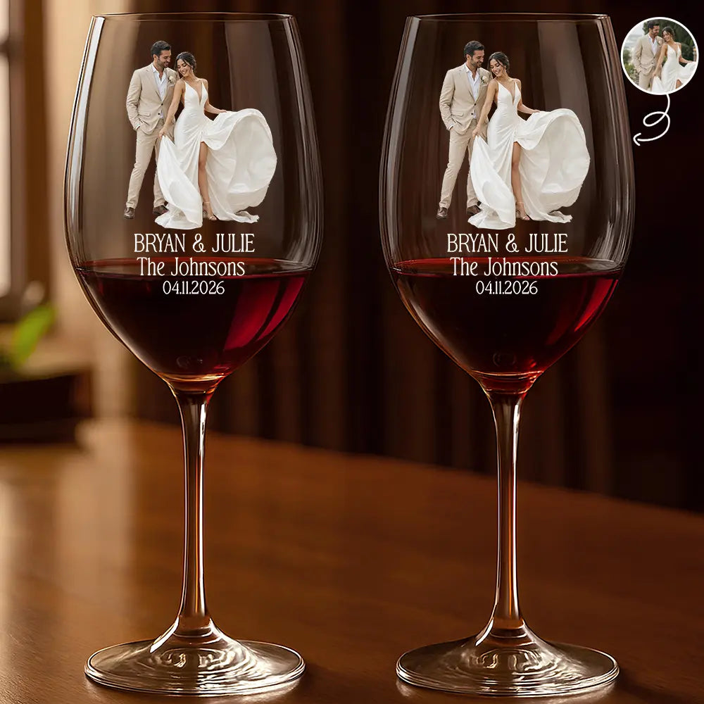 Gift For Couples, Married Couple, Custom Photo, Wedding, Romantic, Remove BG Photo - Custom Photo Couples Wedding Engaged Bachelor Party - Personalized Wine Glass