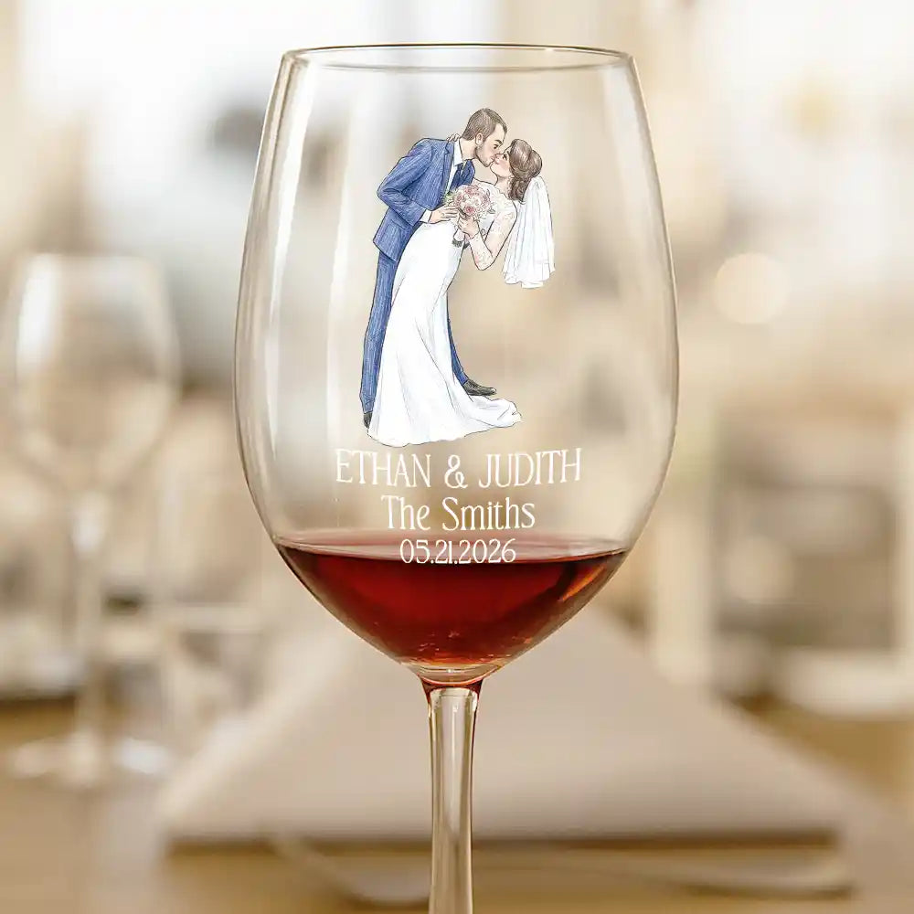 Gift For Couples, Married Couple, Custom Photo, Art Design, Wedding, Romantic, Photo - Pencil Sketch - White BG - Custom Photo Couples Wedding Engaged Bachelor Party - Personalized Wine Glass