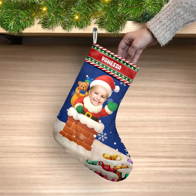 Christmas,Gift For Kids,Non-Eng - Custom Photo Cute Santa In Chimney - Personalized Christmas Stocking