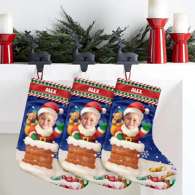 Christmas,Gift For Kids,Non-Eng - Custom Photo Cute Santa In Chimney - Personalized Christmas Stocking