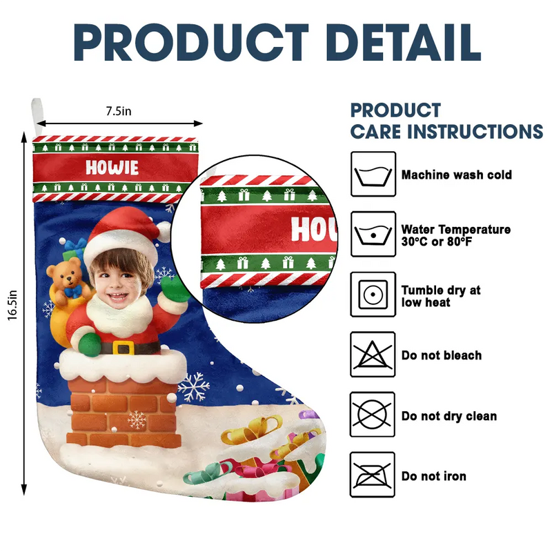Christmas,Gift For Kids,Non-Eng - Custom Photo Cute Santa In Chimney - Personalized Christmas Stocking